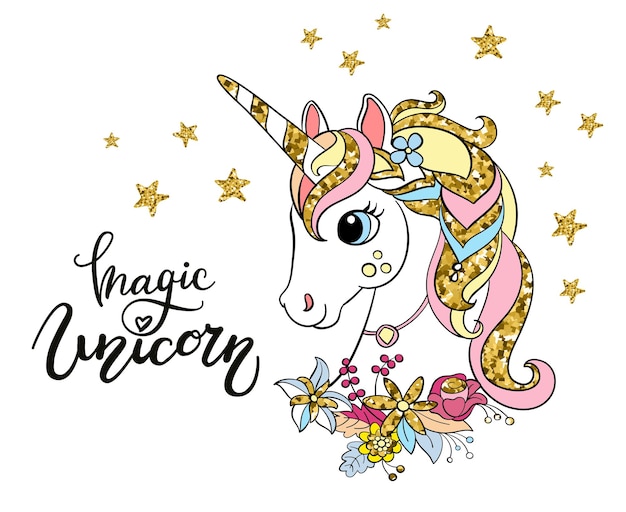 Cute head of unicorn with flowers vector illustration