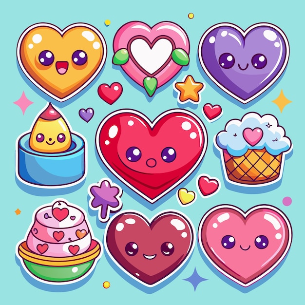 Vector cute heart cartoon stickers with smiling faces and other elements