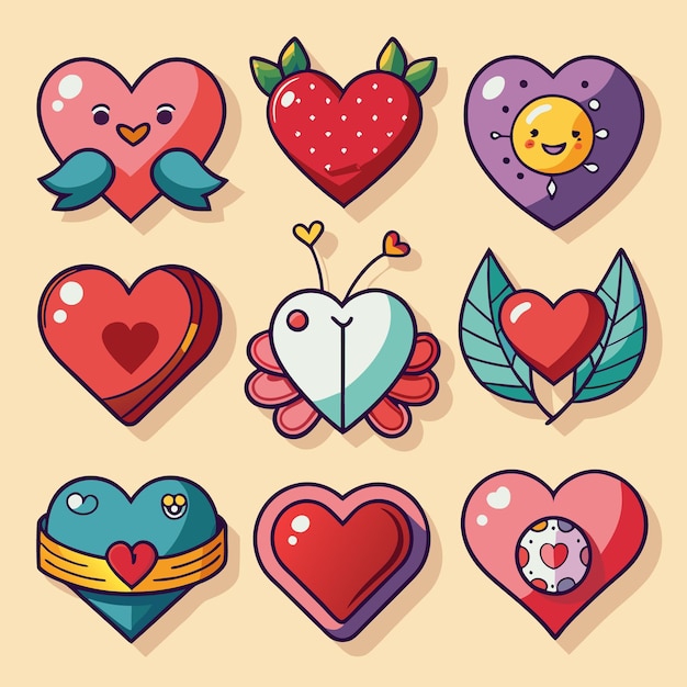 Vector cute heart designs for valentine39s day romantic love symbols with wings leaves and flowers