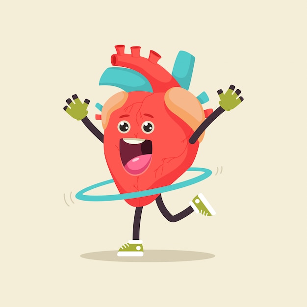 Cute heart with hula hoop doing fitness exercises.   cartoon human internal organ character isolated on background.