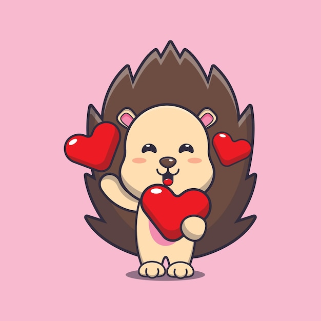 cute hedgehog cartoon character holding love heart in valentines day