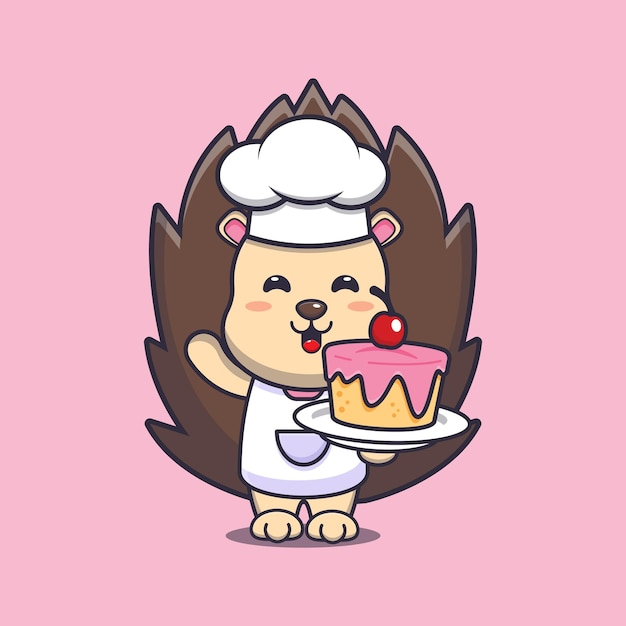 cute hedgehog chef mascot cartoon character with cake