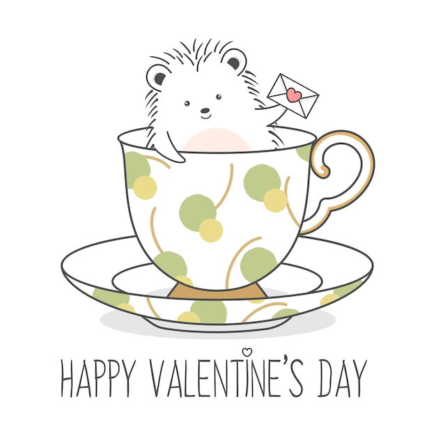 Cute hedgehog in a cup holding love letter