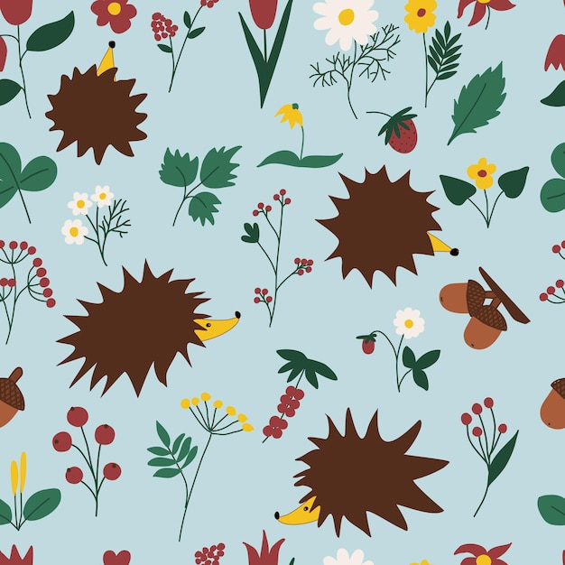 Cute hedgehog in forest pattern  seamless animal pattern illustration