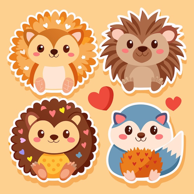 Cute Hedgehog Stickers with Hearts Animals Cartoon Illustration