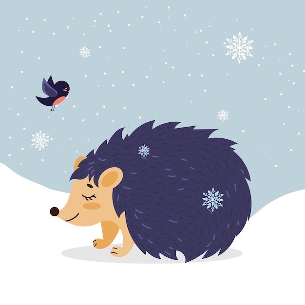 Cute hedgehog walks in winter among snow and snowflakes. A cartoon-style character. Christmas print.