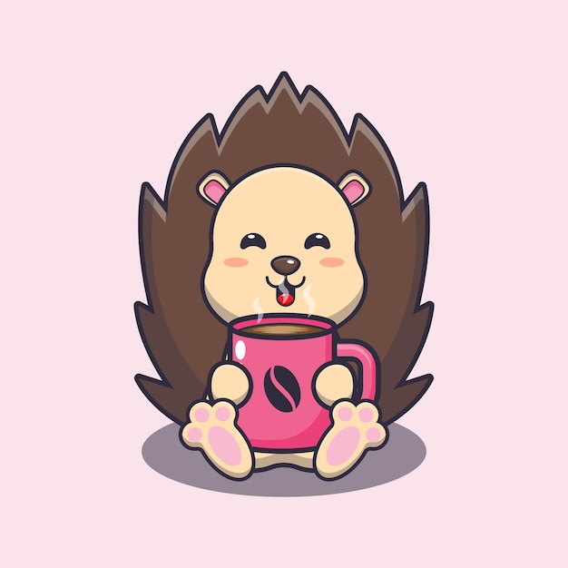 Cute hedgehog with hot coffee