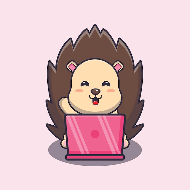 Cute hedgehog with laptop Cute cartoon animal illustration