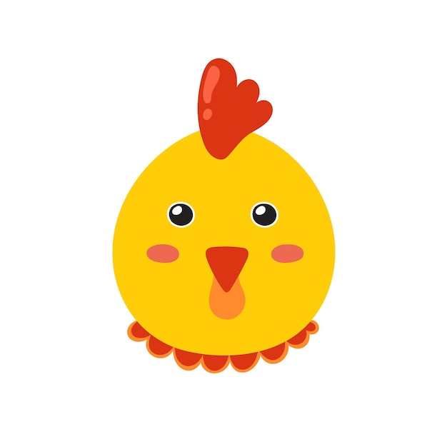 Cute hen face in cartoon style. Farm chicken character head for baby and kids design