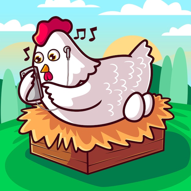 Cute hen listen music with smartphone cartoon illustration