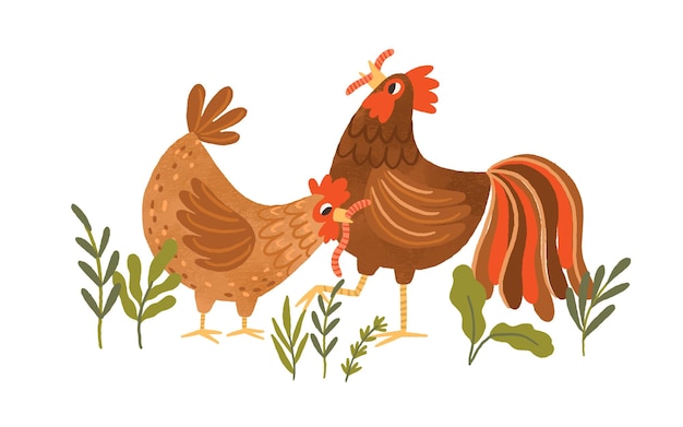 Cute hen and rooster eating worms. Domestic chickens catching earthworms. Colorful flat textured vector illustration isolated on white background.