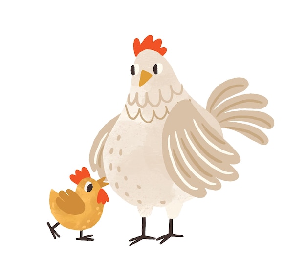 Cute hen standing with yellow chicken. Funny mom and baby birds. Colorful textured flat vector illustration isolated on white background.