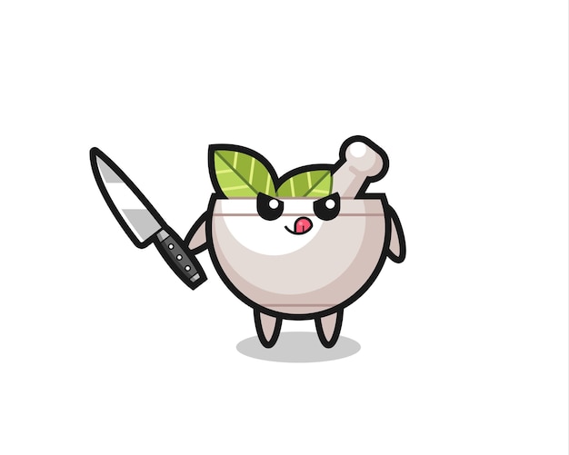 Cute herbal bowl mascot as a psychopath holding a knife