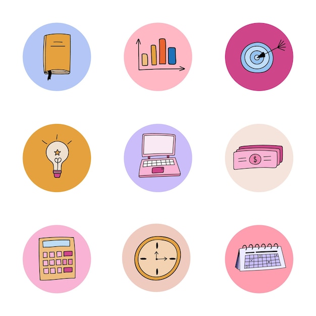 Cute highlights for instagram with illustrations about business education and finance