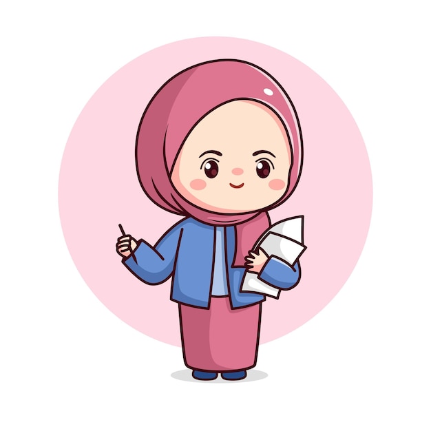 Cute hijab girl business woman with paper and pen kawaii chibi