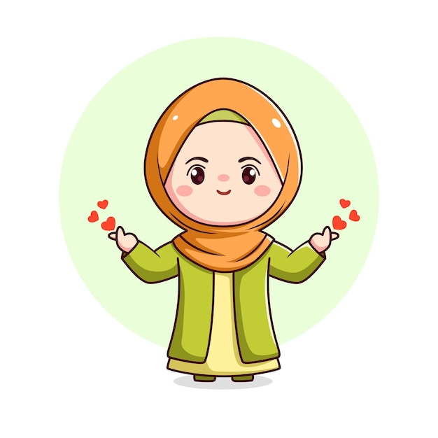 Cute hijab girl with love sign kawaii chibi flat character