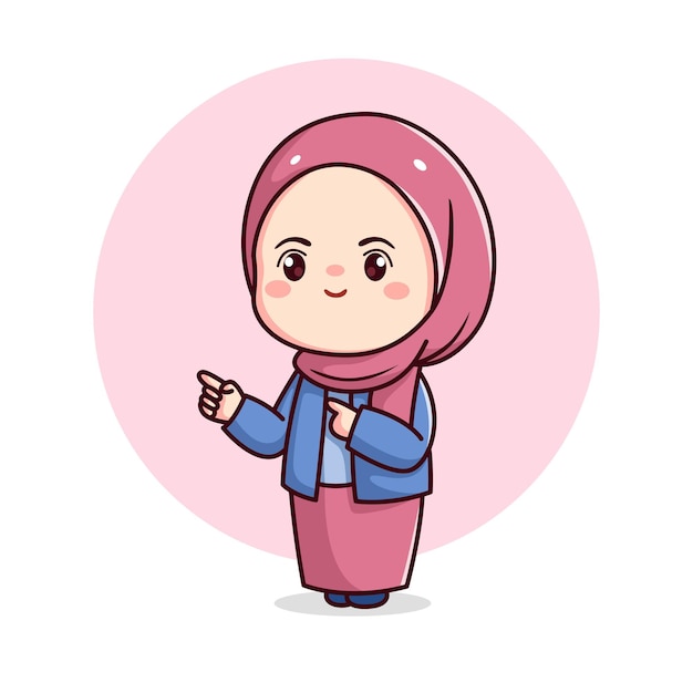 Cute hijab girl with pointing finger kawaii chibi