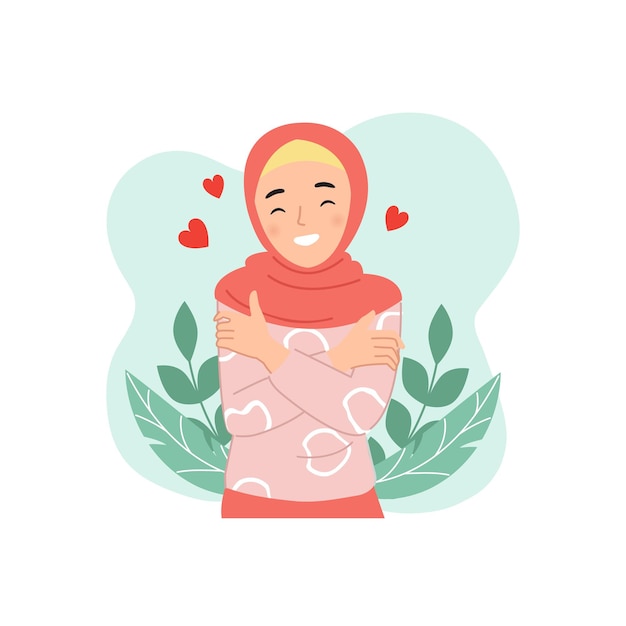 Cute hijab woman hug herself as a symbol of self care or love. High self esteem concept. Flat  cartoon style.