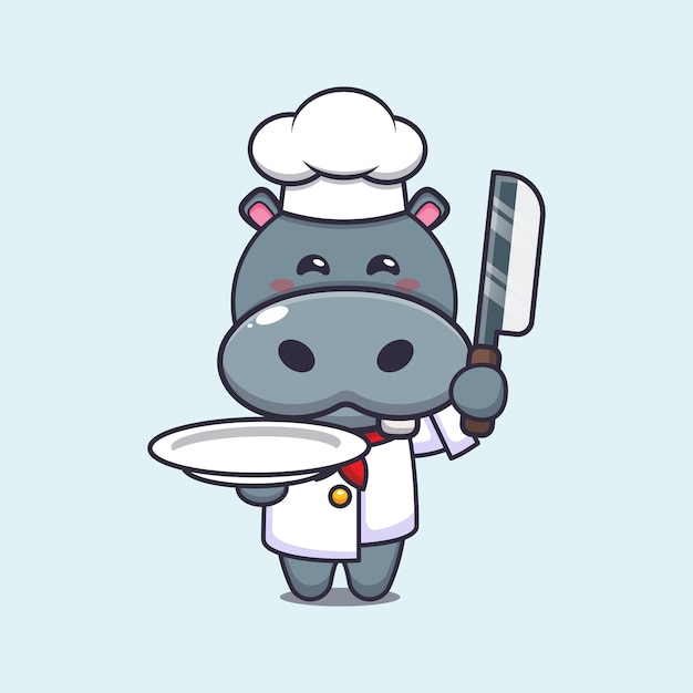 cute hippo chef mascot cartoon character with knife and plate