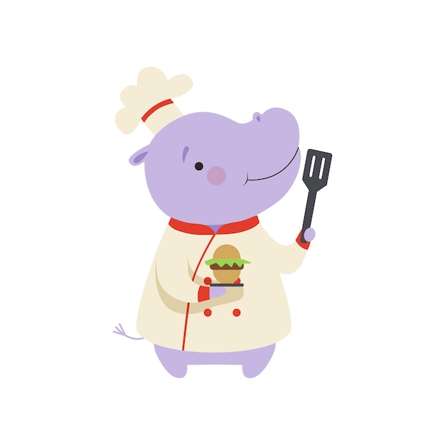 Vector cute hippo in chef uniform holding cupcake and spatula cartoon animal character cooking vector illustration isolated on a white background