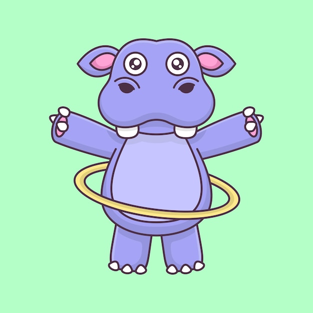 Cute hippo playing hula hoop cartoon animal vector illustration icon