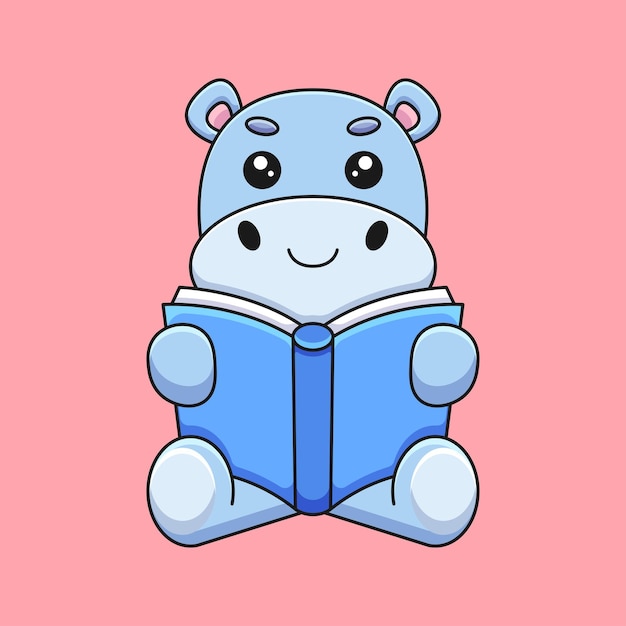 Cute hippo reading book cartoon mascot doodle art hand drawn concept vector kawaii icon illustration