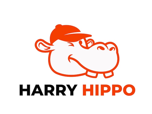 Cute Hippo Wearing Cap Monoline Outline Logo Vector Icon Illustration for Branding