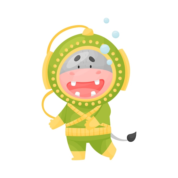 Cute Hippo Wearing Diving Suit Scuba Diving Underwater Vector Illustration