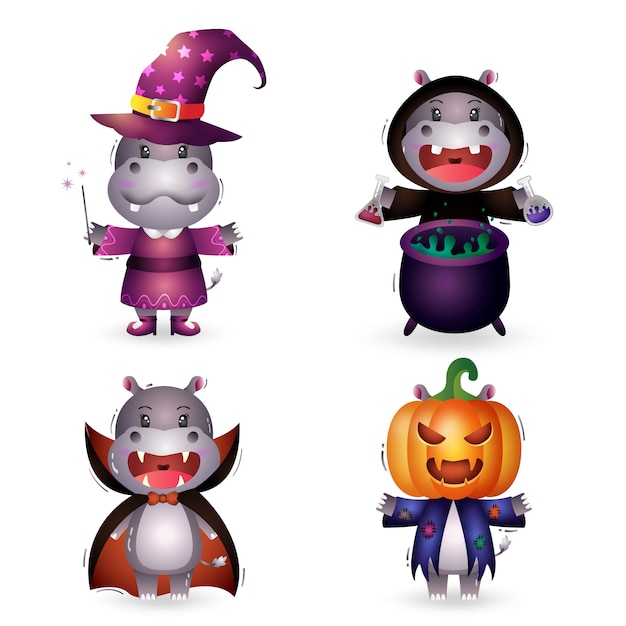 Vector cute hippo with costume halloween character collection