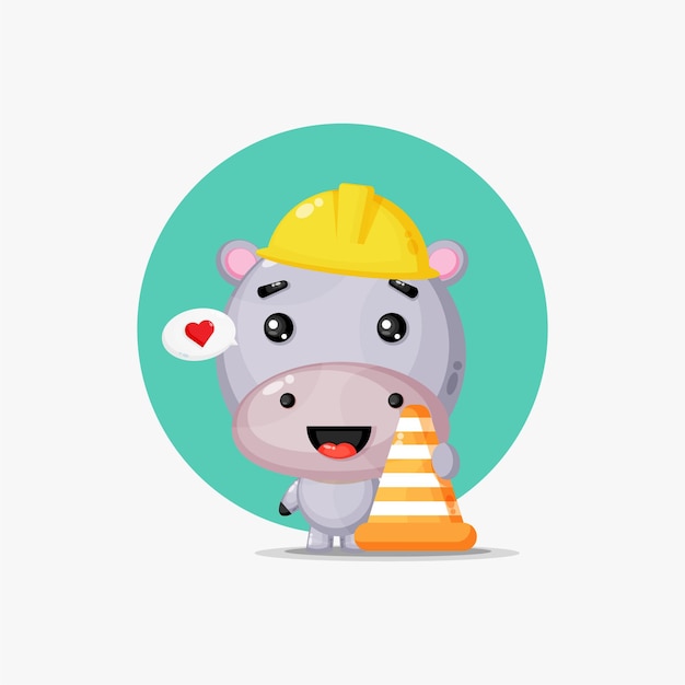 Cute hippo works in construction