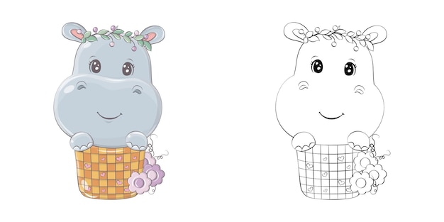 Cute Hippopotamus Clipart for Coloring Page and Illustration.  Happy Hippo in a Basket.