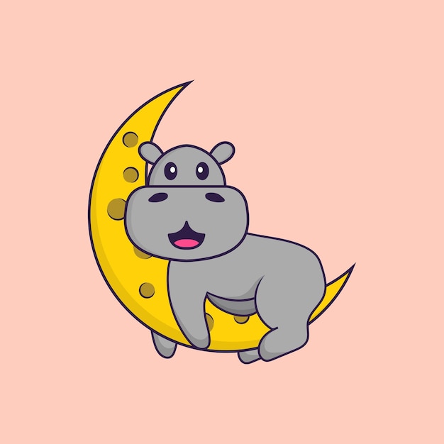 Cute hippopotamus is on the moon. Animal cartoon concept isolated. Flat Cartoon Style