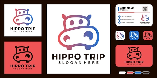 Cute hippopotamus trip logo design concept and business card template