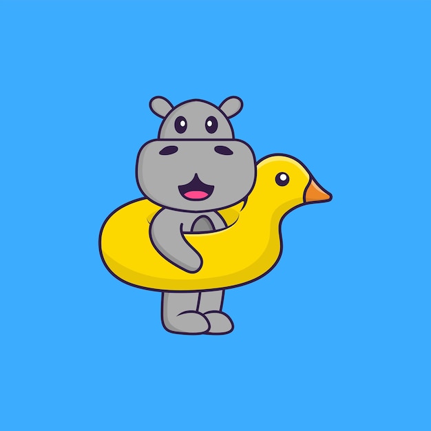 Cute hippopotamus With Duck buoy. Animal cartoon concept isolated. Flat Cartoon Style