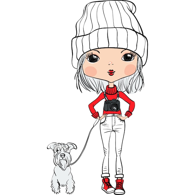 Cute hipster fashion Travelling girl in a hat with a dog and a camera