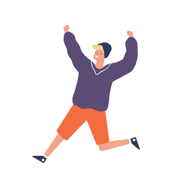 Cute hipster teenager running having fun vector flat illustration. Joyful guy in casual clothes jumping raising hands isolated on white background. Happy male in hat smiling in hurry or haste.