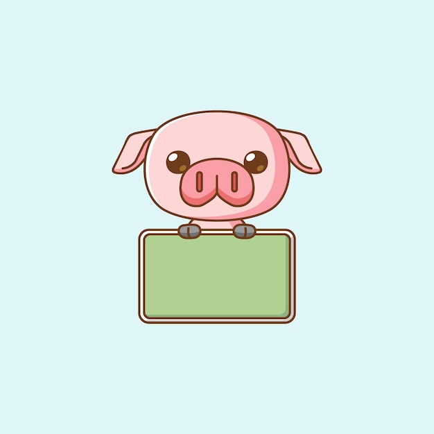 Cute hold blank space board banner pig kawaii chibi character mascot illustration outline style