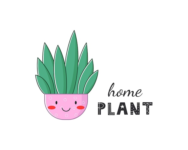 Cute home plant in pink pot with text Cartoon funny character Vector illustration