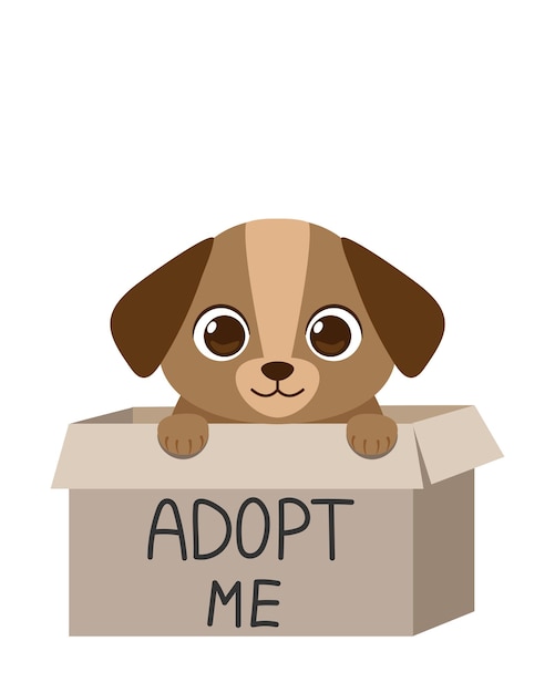 Cute homeless puppy inside a cardboard box is begging for the adoption Adopt don't shop vector illustration for animal shelter poster