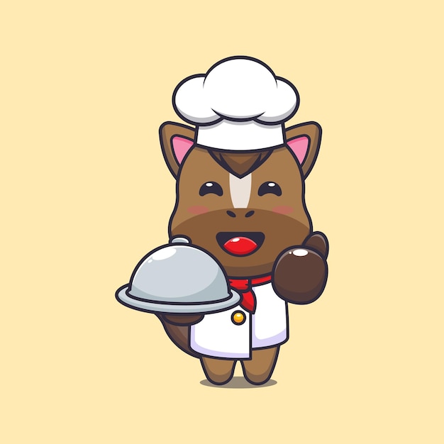 cute horse chef mascot cartoon character with dish