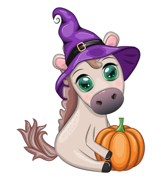 Cute horse pony in a purple witch hat with a broom pumpkin potion Halloween card for the holiday