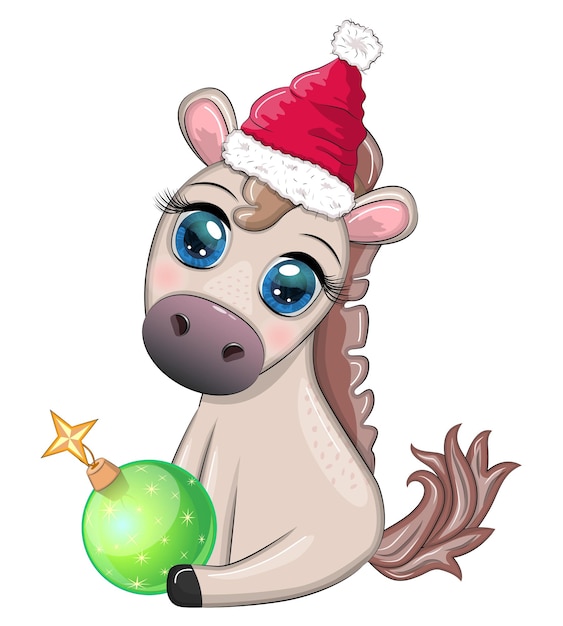 Cute horse pony in Santa's hat with candy kane Christmas ball gift ice skating Winter Christmas