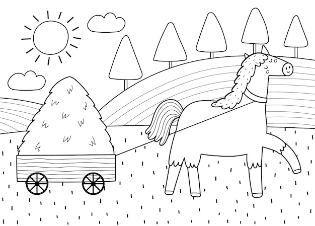 Cute horse pulling a cart with a hay stack on a green meadow print in black and white