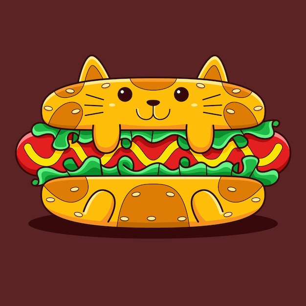 Cute hot dog cat illustration with flat cartoon style.