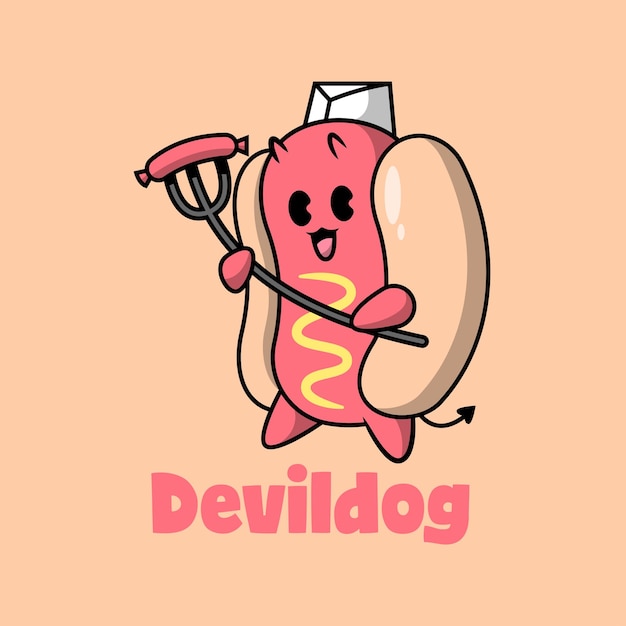 A CUTE HOTDOG MASCOT IS BRINGING A BIG FORK WITH A SAUSAGE PREMIUM CARTOON LOGO