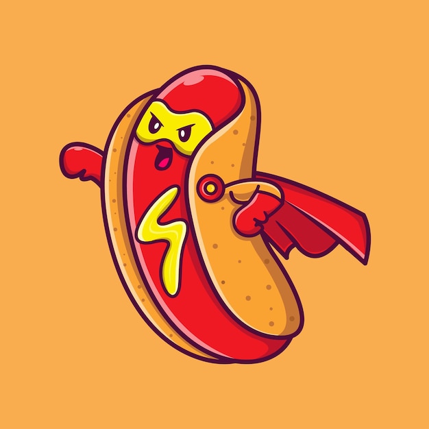 Cute Hotdog Superhero Cartoon Vector Icon Illustration Food Hero Icon Concept Isolated Premium