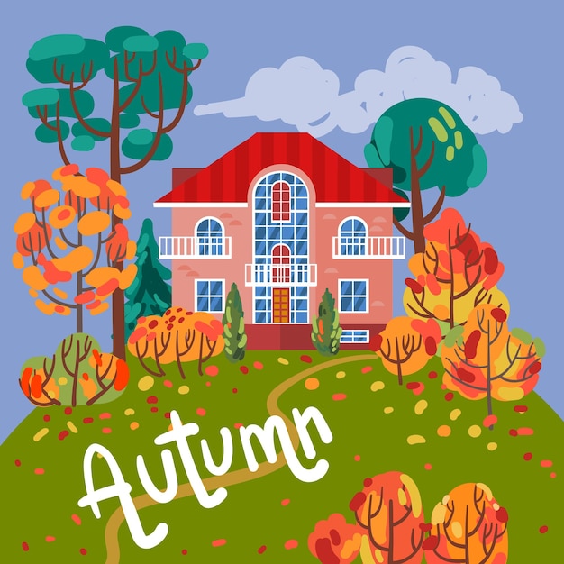 A cute house among autumn bright trees Beautiful vector illustration