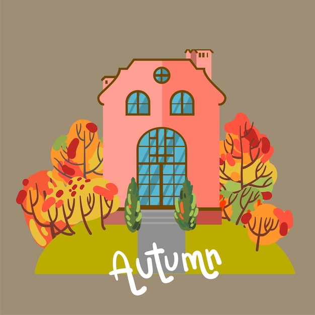 A cute house among autumn bright trees Beautiful vector illustration