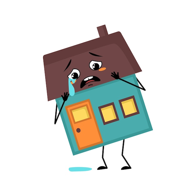 Cute house character with crying and tears emotion sad face depressive eyes arms and legs Building man with melancholy expression funny cottage Vector flat illustration