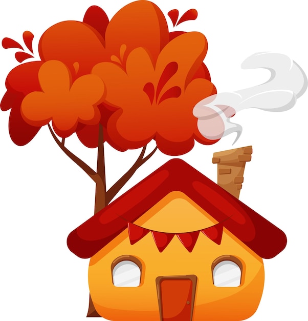 Cute house with autumn tree chimney and smoke isolated